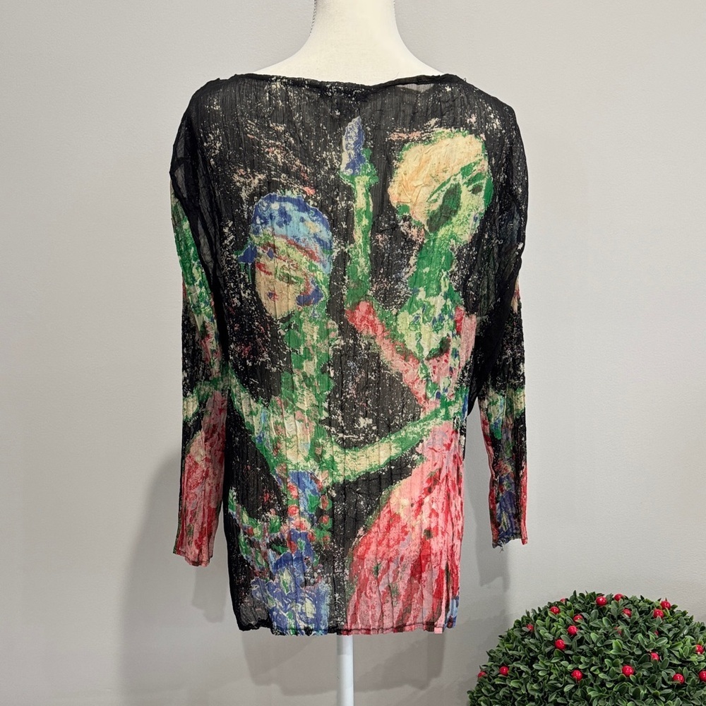 Alberto Makali Black Multicolor Abstract V-Neck Blouse Sz L - Picture 5 of 8